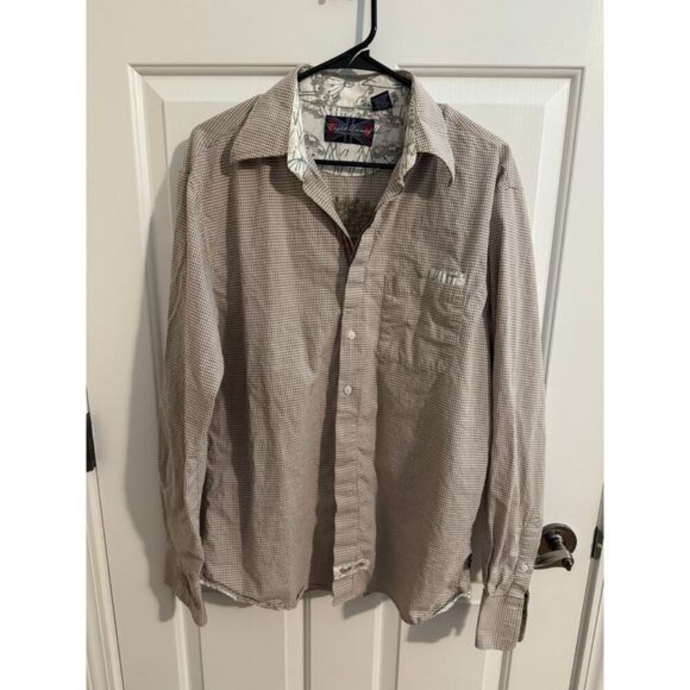 English Laundry Mens 100% Cotton Button Down Shirt Embroidered Crest Brown L